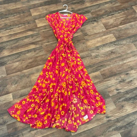 XIX Palms | Dresses | Hot Pink And Yellow Flower Wrap Maxi Dress With  Ruffles Size S | Poshmark